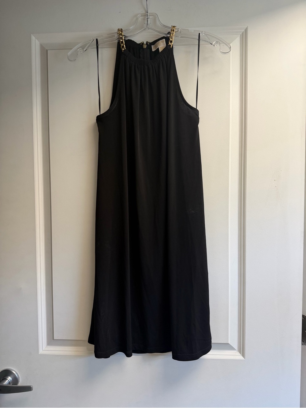 MICHAEL Michael Kors Black Halter Mini Dress with Gold Chain Straps
